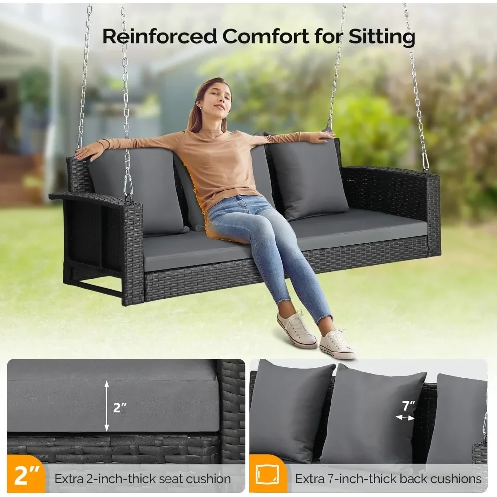 

Heavy Duty 800 LBS Wicker Hanging Porch Swing with Cushions & Chains, 5FT Outdoor Rattan Swing Bench for Garden Yard for Relaxin