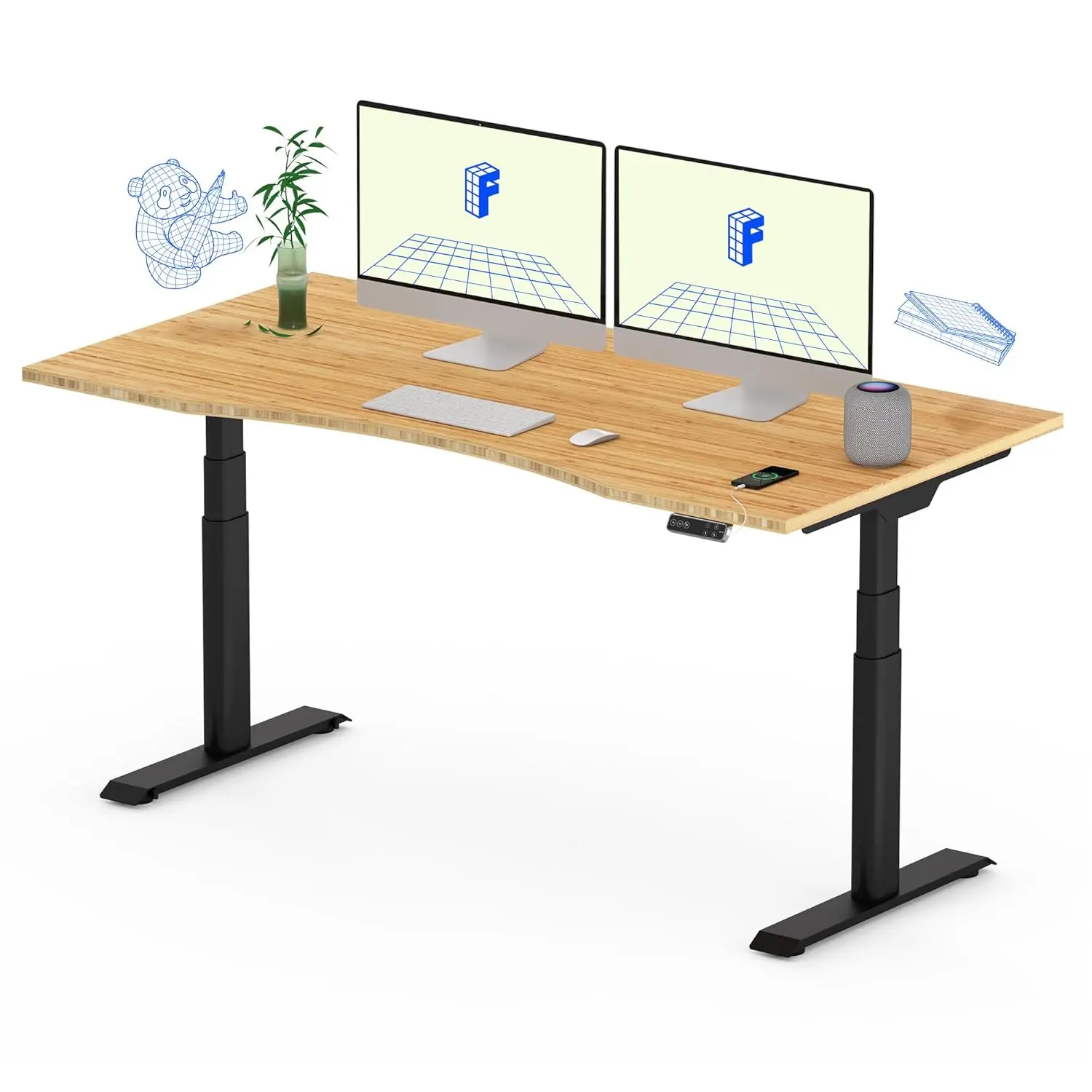 

Oval Leg Dual Motor 3 Stages Bamboo Electric Standing Desk 55x28 Inch Whole-Piece Board Height Adjustable, Customized