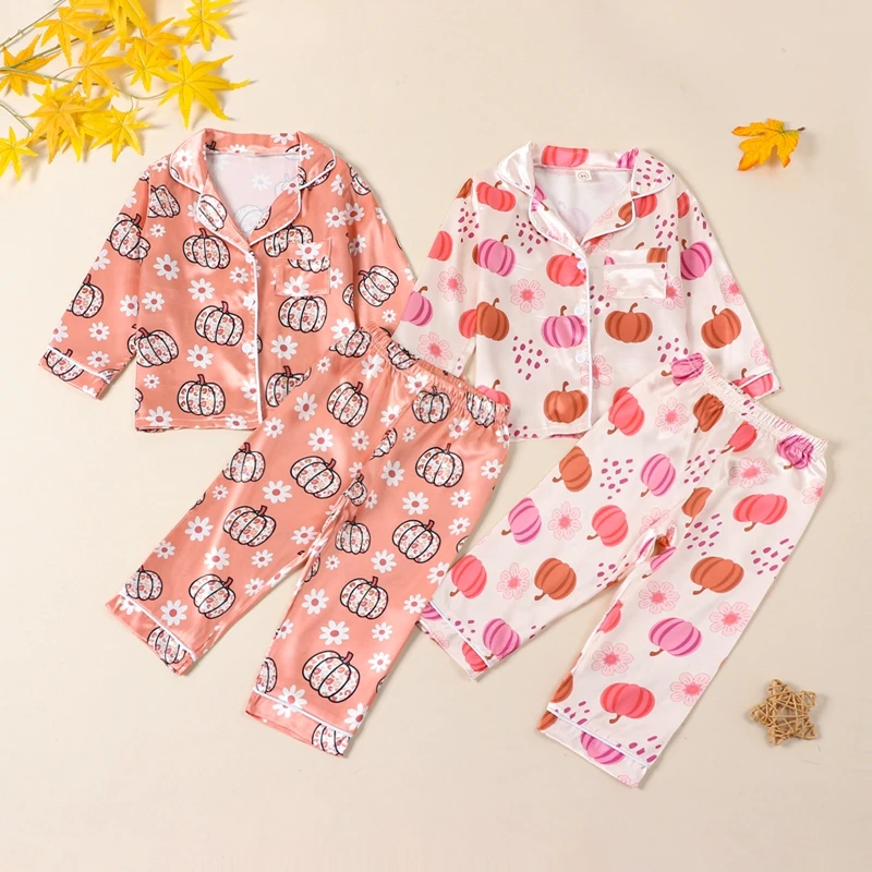 Halloween Kid Girl Pajama Set Pumpkin Floral Print Long Sleeve Button Down Tops Elastic Waist Pants Satin 2 Piece Set Sleepwear