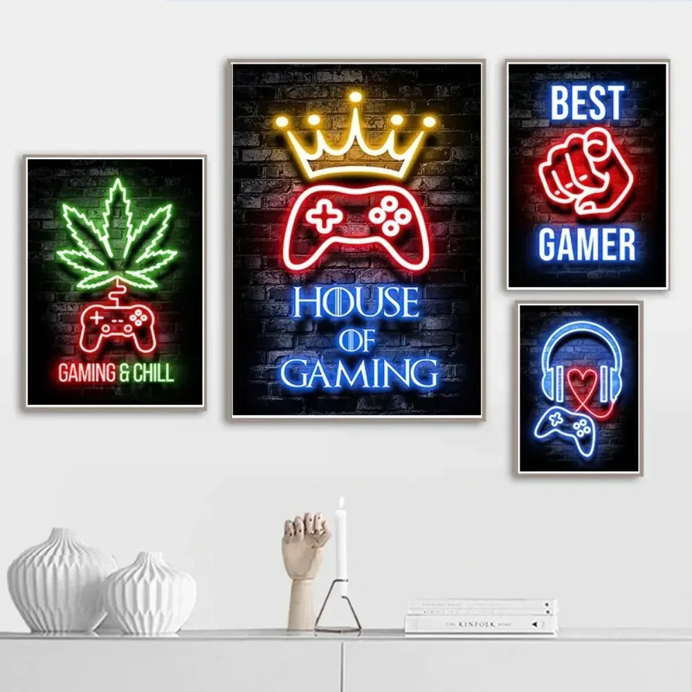 Neon Gamepad Game Zone Poster Aesthetic Cat Dog Canvas Painting Wall Art Home Gamer Office Decor Retro Gaming Room Decoration