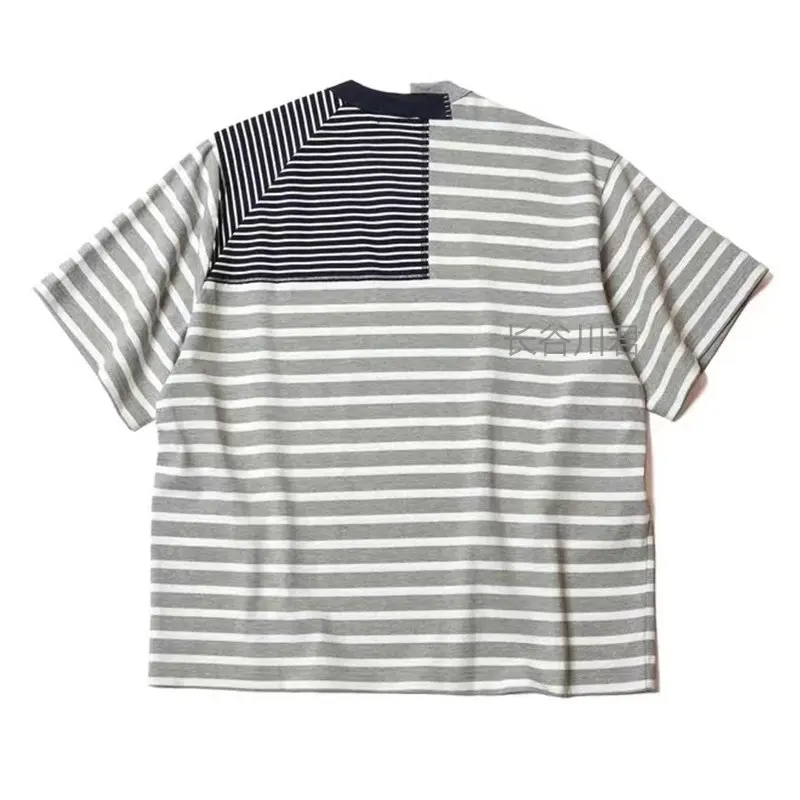 KOLOR Abe Japanese Casual Irregularly Cut Black and White Striped Splicing Contrast Short-sleeved T-shirt for Men