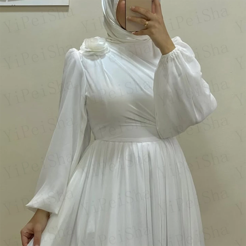 Customized White A-Line Prom Dresses Floor-Length High-Neck Full Sleeve Evening Gown Simple Draped Fashion Flowers Party Gown