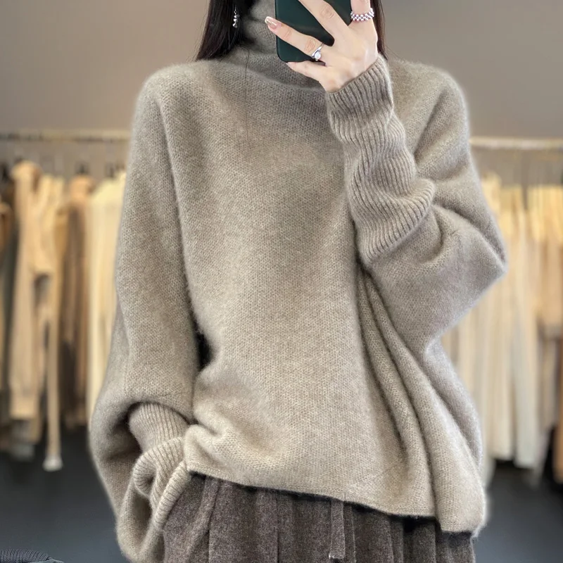 BELIARST Autumn/Winter New Sweater Women\'s High Lapel Jumper 100% Merino Wool Loose Bat Sweater Fashion Korean Oversized Top