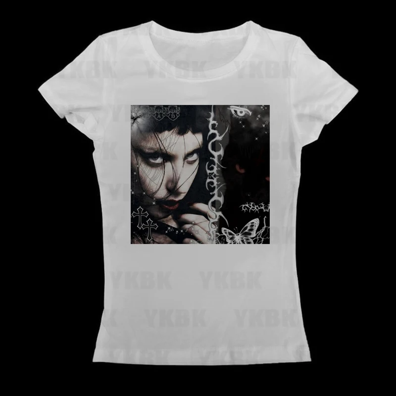 Vintage Crop Top Punk Damen Anime Print Baby T-Shirt Mode 2000er Jahre Top Y2k Stil Streetwear Kurzarm Niedlich Emo Mädchen Ästhetik