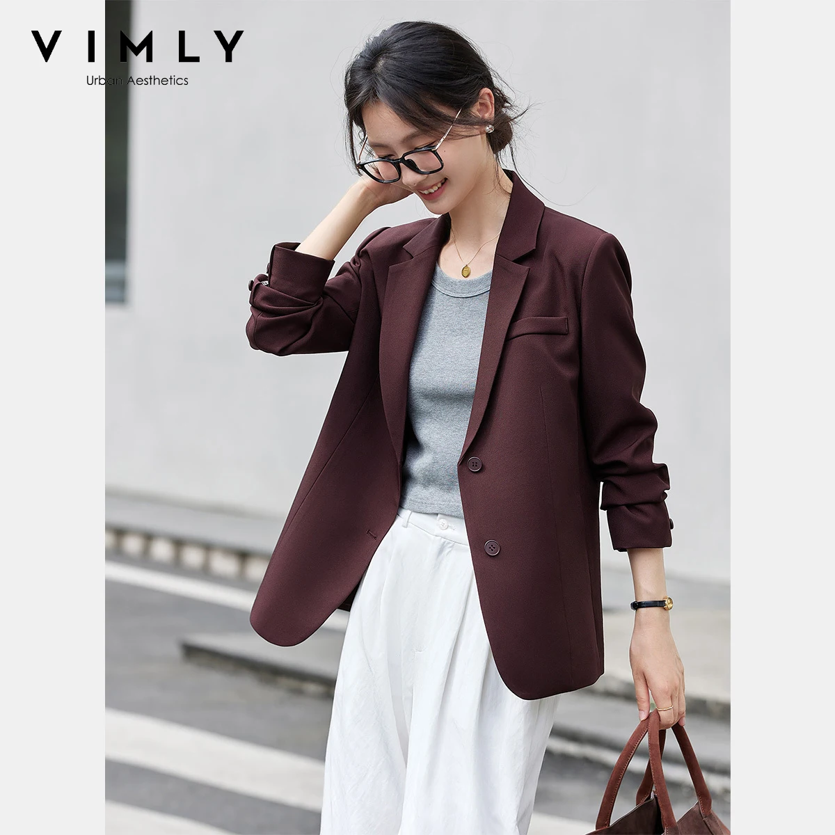 VIMLY المرأة سترة أنيقة حمراء معطف الخريف 2025 عادية محززة الرقبة السيدات السترة امرأة مكتب ارتداء جيب السترة فام A2360