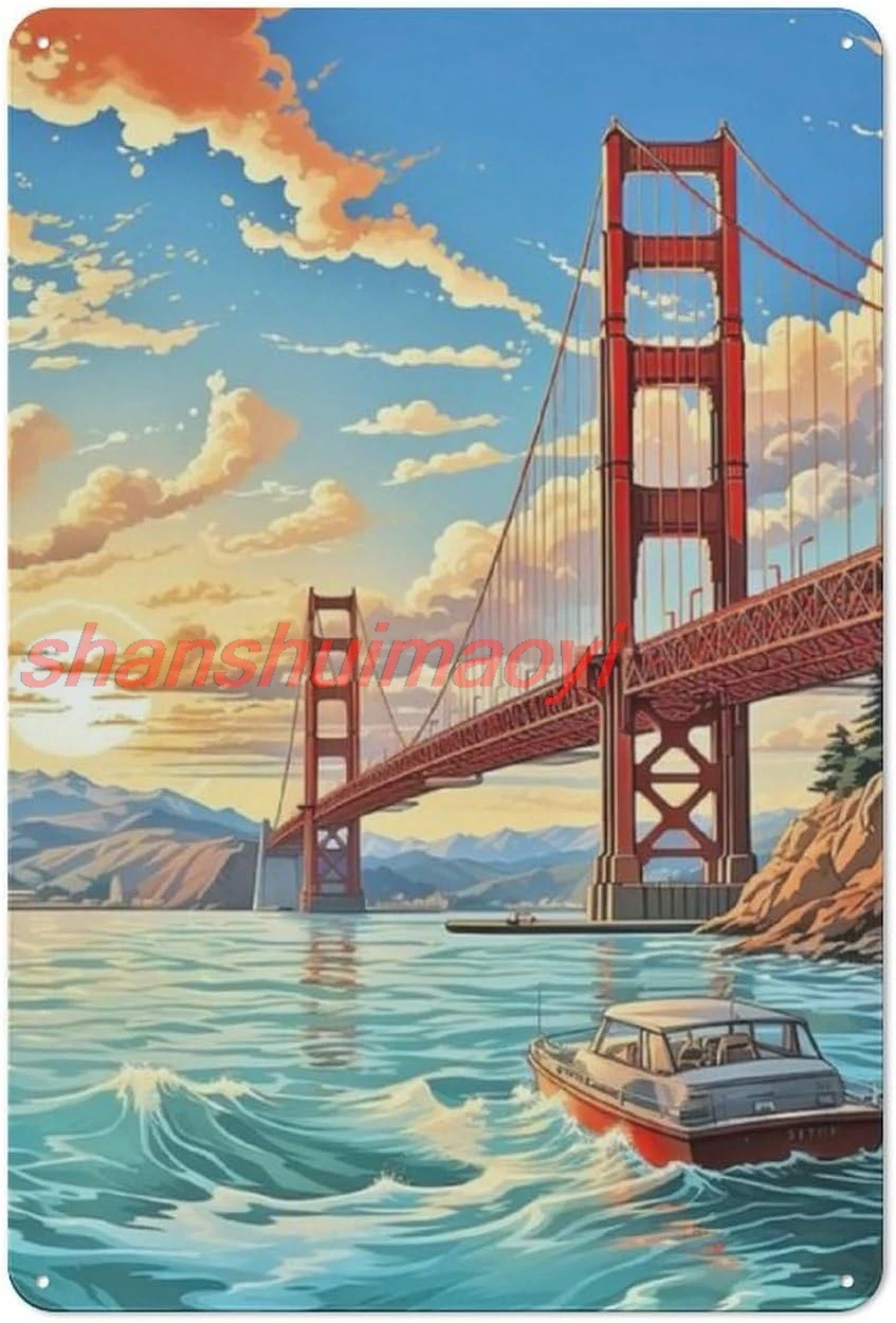 golden gate bridge vintage metal sign coffee bar wall decor home office sign gift 8x12 inch, 30x20cm, style-9 SHAN