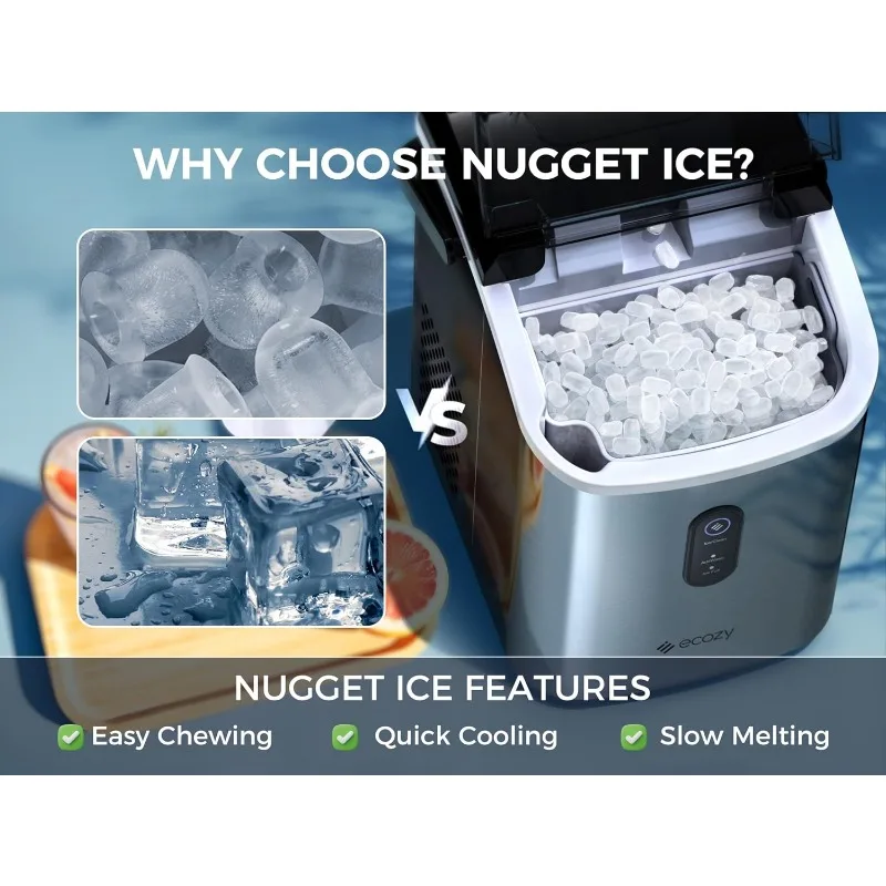 ecozy Nugget Ice Maker Countertop - Chewable Pellet Ice Cubes, 33 lbs Daily Output, Stainless Steel Housing