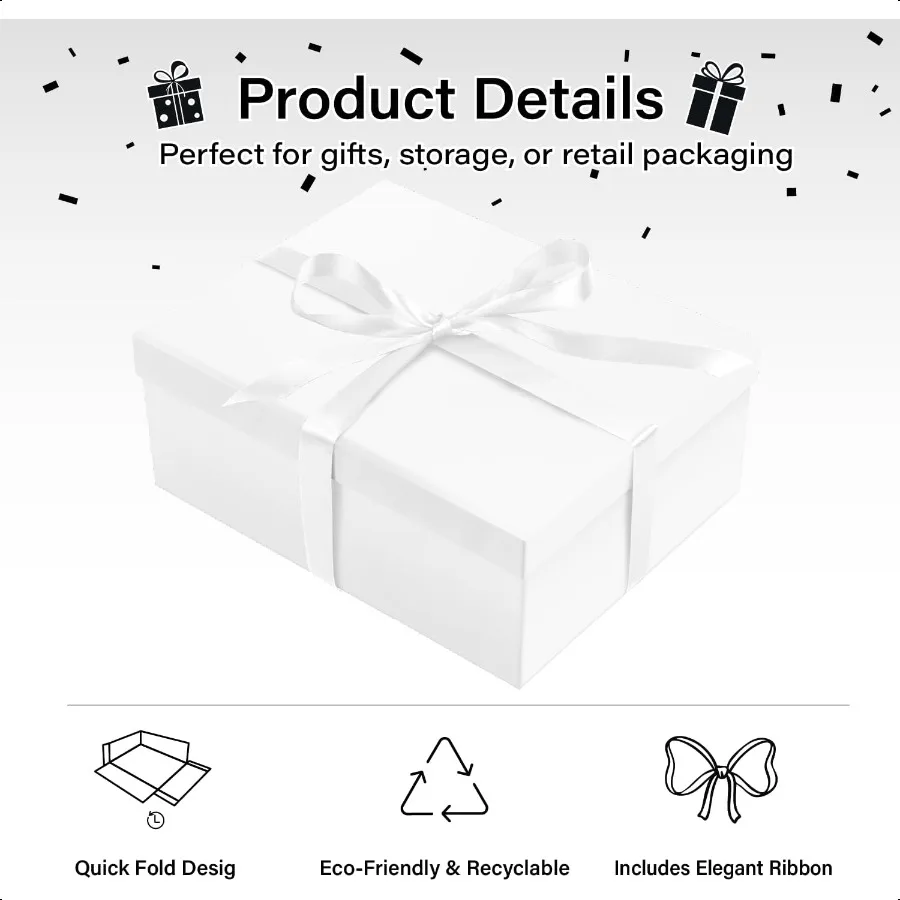 White Gift Box with Lid for Present Large Collapsible Gift Box with Filler Paper Ribbon for Birthday Anniversary 12.6x9.8x4.9