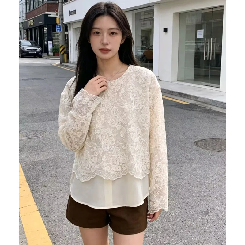 

Loose Fit round Neck Lace Embroidery Shirt Women's Long Sleeve Casual Style Spring 2026 New Design Fake Two-Piece Top