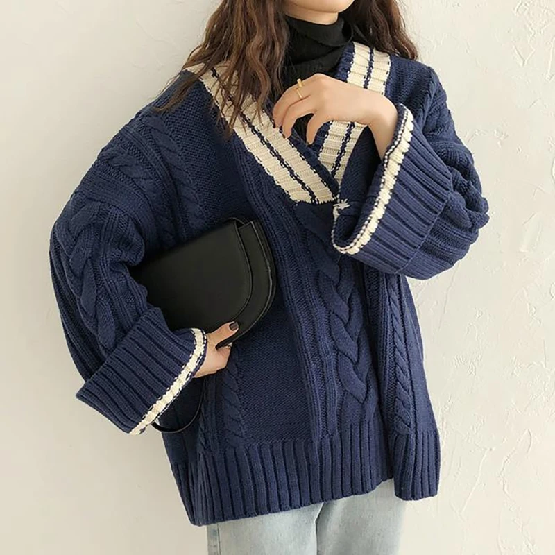 HELIAR Women Thickened Warm Sweater Ribbed Patchwork V-Neck Loose Casual Pullovers Knit Office Jumpers Sweater Autumn Winter