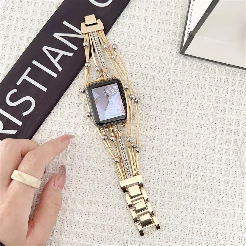 For iWatch Diamond Metal+Nylon Watchbands for Watch Series Ultra 8 49mm 45mm 44mm Pearl Strap for Apple Watch 40mm 41mm Bracelet