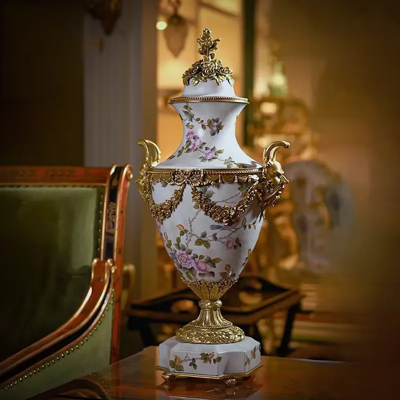 European-style vintage distressed high-temperature porcelain copper base painted flower pot cover jar entryway general's jar