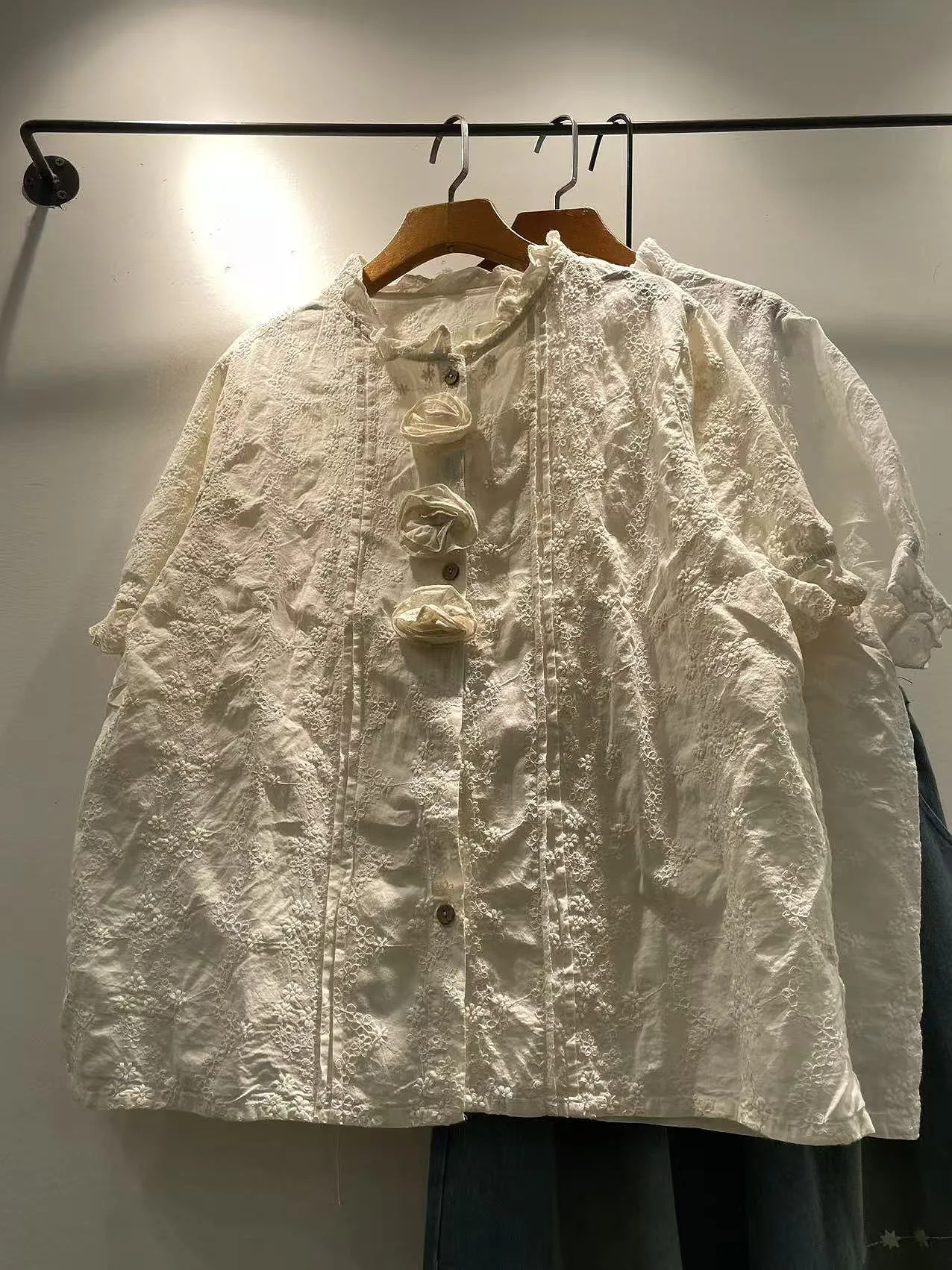 

Summer 2026 Women's Loose Fit round Neck Embroidered Short Sleeve Shirt Girl Style Breathable Cotton Casual Open Cardigan