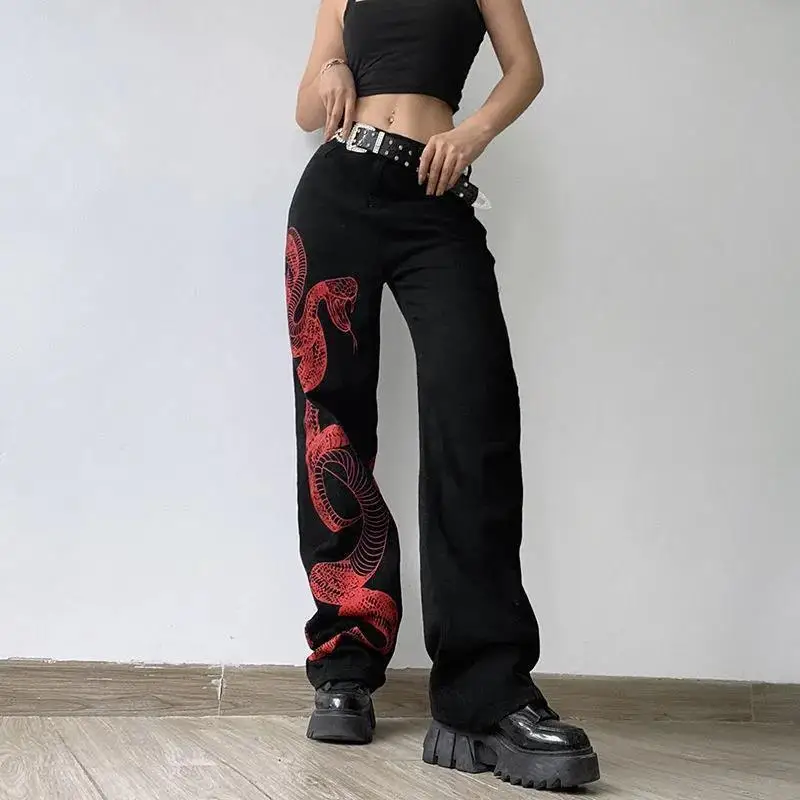 New Black Red Contrast Snake Print Design Harajuku Female Jeans Women Straight Baggy Chic Y2k Streetwear High Waist Denim Pants