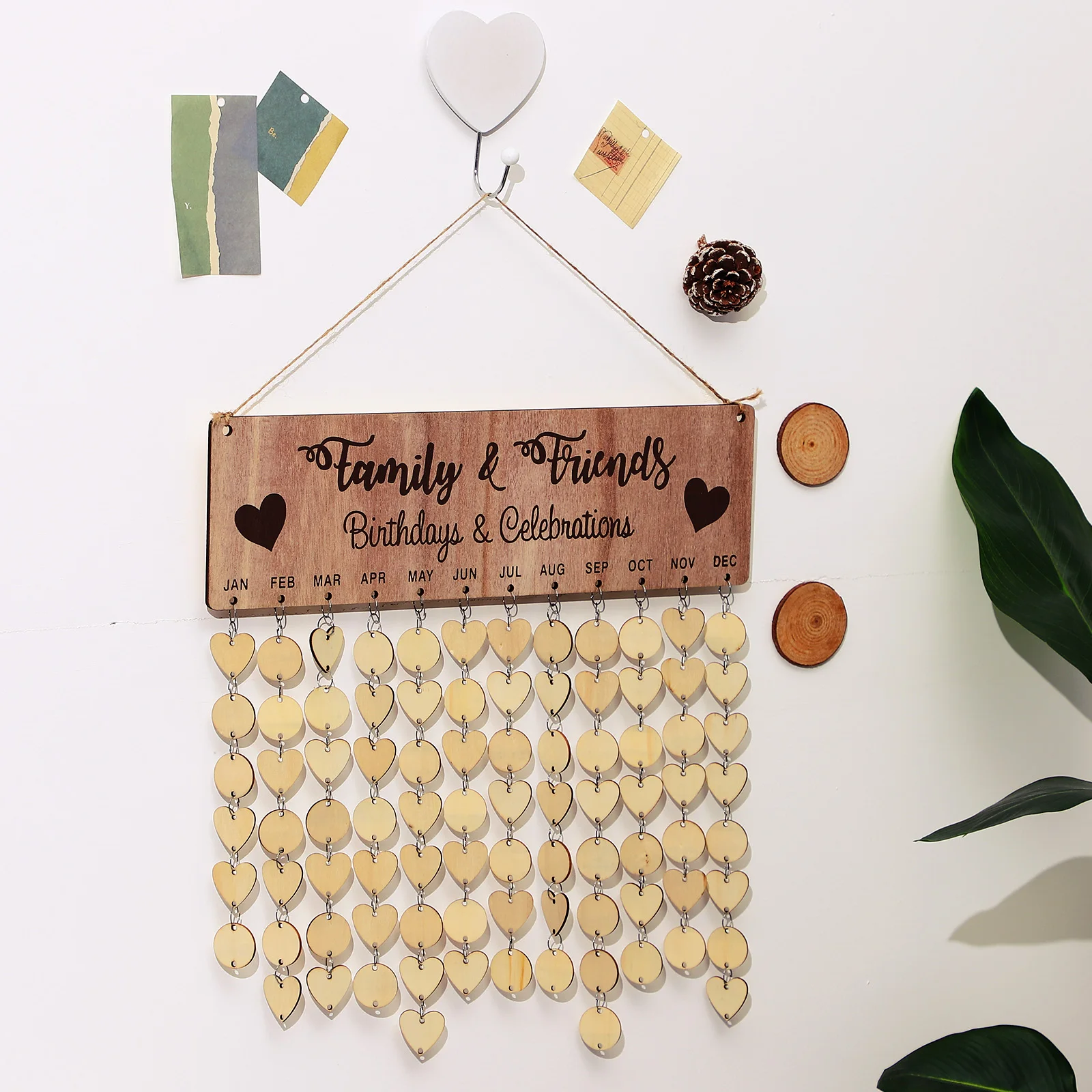 

1 Set Diy Wooden Birthday Calendar With Hanging Board Hemp Rope Round Slices For Family Anniversary Reminder Wall Decor Wood