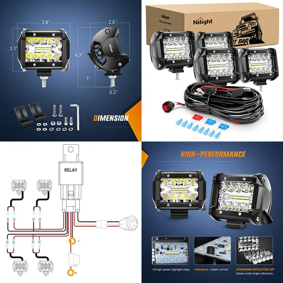 

- ZH416 4PCS 4Inch 60W Triple Row Flood Spot Combo 6000LM LED Pods Light Bar Driving Boat Led Off Road Lights with 16AWG Wiring