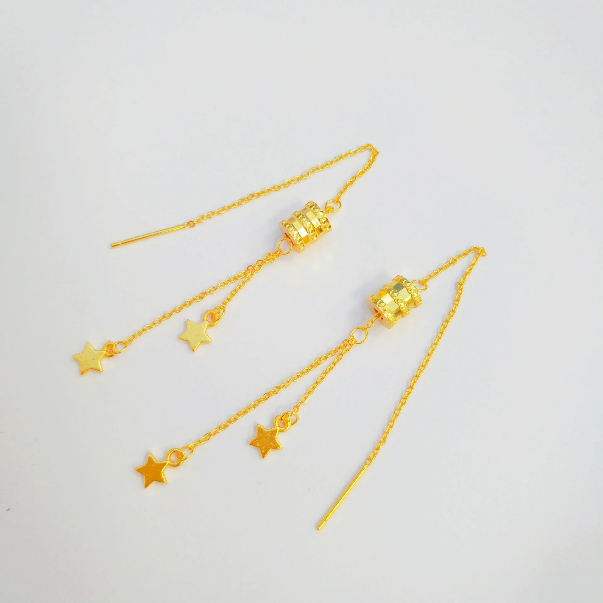 Fashionable Light Luxury Women 9999 24K Real Gold Small Waist Star Earrings with High-end Ear Line Star Tassel Earrings Gift