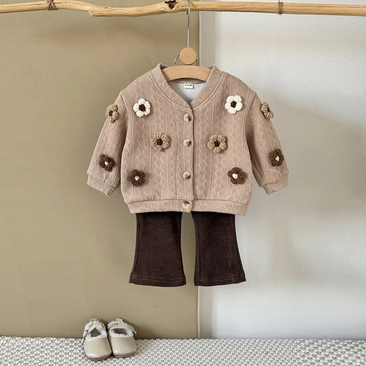2PCS Children's Set Spring Autumn Simple 3D Small Flower Cardigan V-Neck Long Sleeve Pants Baby Girl Clothes