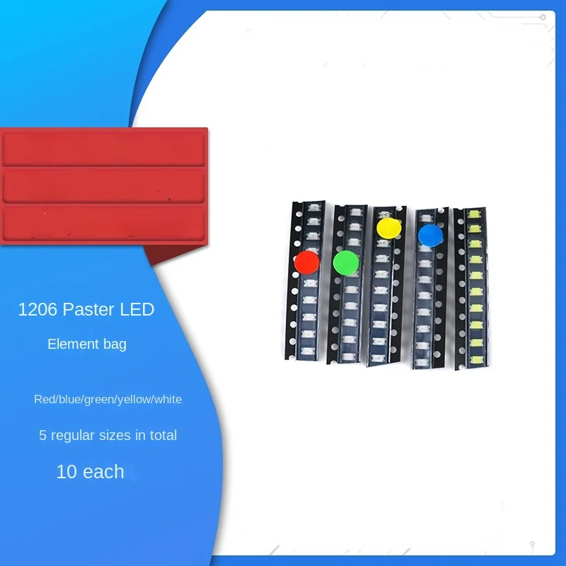 

1206 chip LED common component package (red, blue, green, yellow and white), 10 for each of 5 types