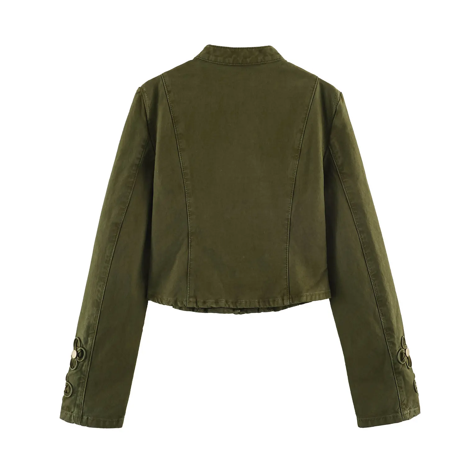 Retro Military Green Buckle Short Jacket Women's Stand Up Collar Palace Style Long Sleeved Jacket Fashion Versatile Denim Top