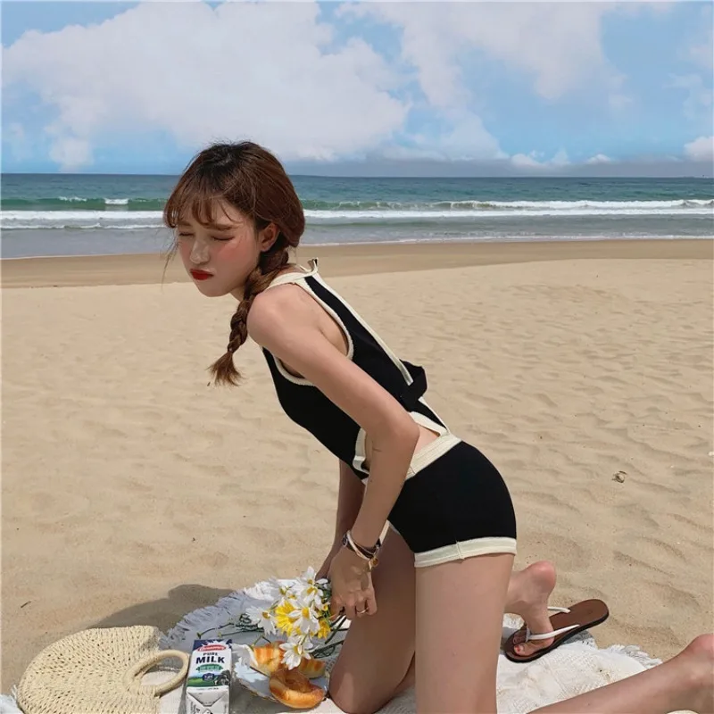 New Black Women's One-Piece Swimsuit, Stylish Triangle Bottoms Backless Tummy Control Slimming Swimwear for Hot Spring Vacations