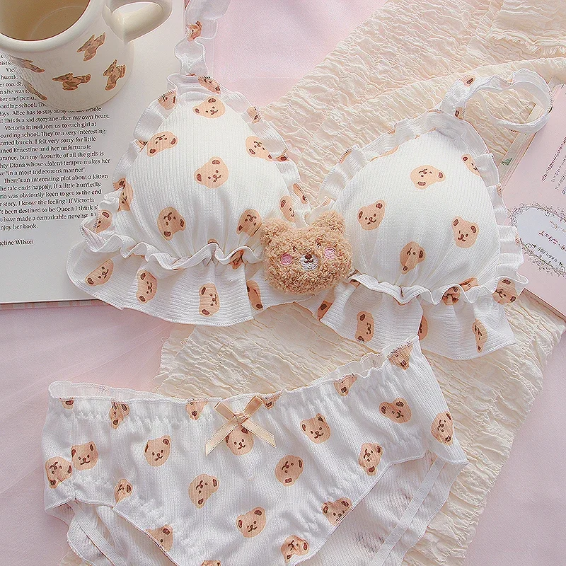 Little Bear Bra and Panty Set Kawaii Lolita Push Up Bra Padded Cartoon Japanese Girl Soft Cute Underwear Thin Bras Bralette Set