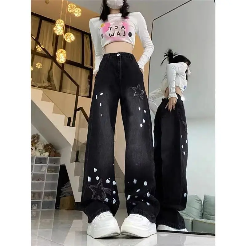 

American high waist loose slim splash-ink design wide-leg pants female retro five-pointed star do old washed black-gray jeans.