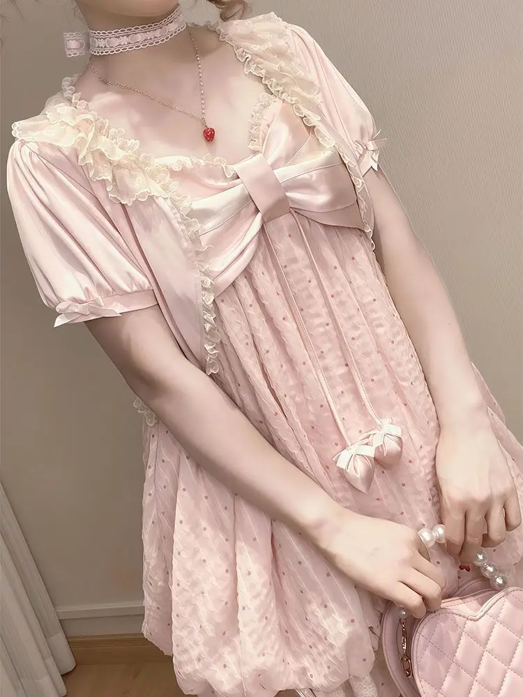 Sweet Summer New Shawl Bow Lace Short Sleeve Suspender Dress Two-piece Set Vintage Pink Polka Dot Flower Bud Kawaii Dresses New view 5