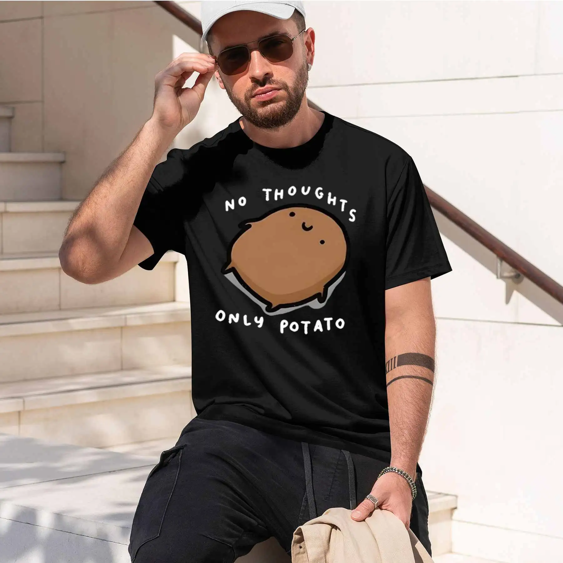new printed T-shirt printed with  Men's Fun Potato Print Short Sleeve T-Shirt Lazy Style Casual Crew Neck Top Daily Commute Tees