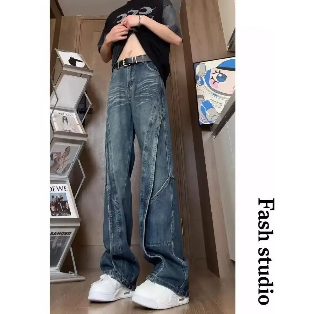 

Мужские джинсы с американской талией в стиле ретро, крутые свободные прямые ножки, дизайн ножей, повседневный прямой крой из смеси хлопка и полиэстера