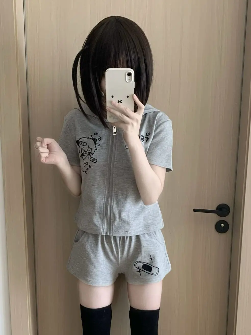 2000s Y2K Kawaii Cartoon-Printed Two-Piece Set: Cat Ear Hoodie & Shorts, Casual Cute Style with Japanese Anime Prints Sweet Girl view 6