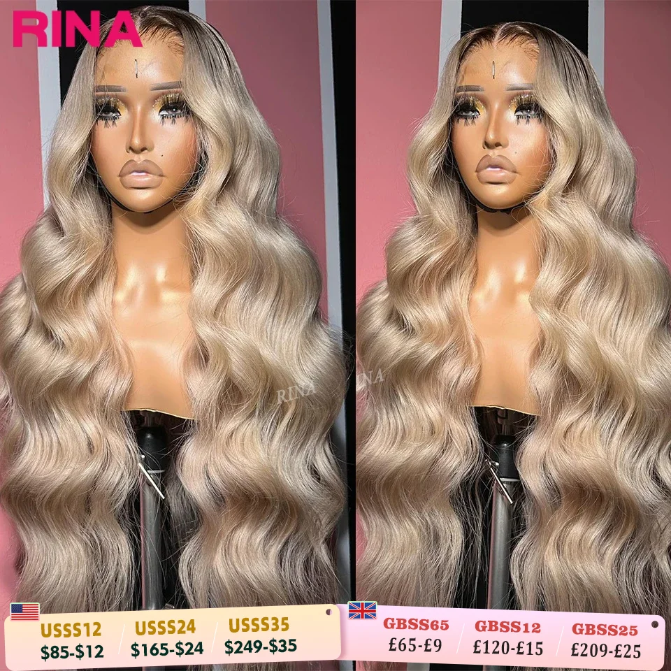 Peluca de cabello humano ondulado para mujer, postizo de encaje Frontal, color rubio degradado con raíces, 13x6