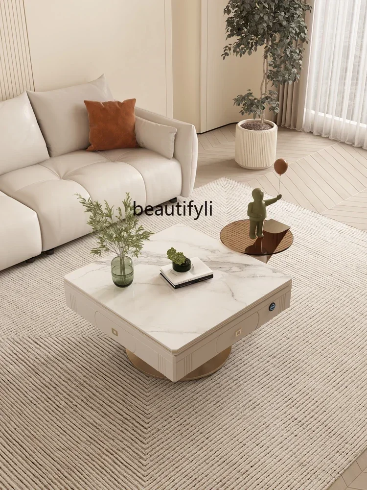 pg46Light luxury automatic lifting mahjong table rock slab dining table household multi-function silent modern small