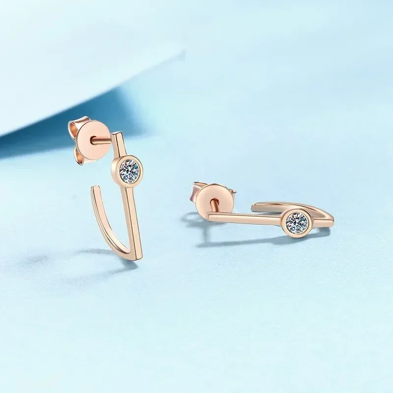 Champagne Gold 18K Line Earrings Women Wedding Fine Jewelry 0.2CT Moissanite Diamond Ear Studs Valentine's Day for Her