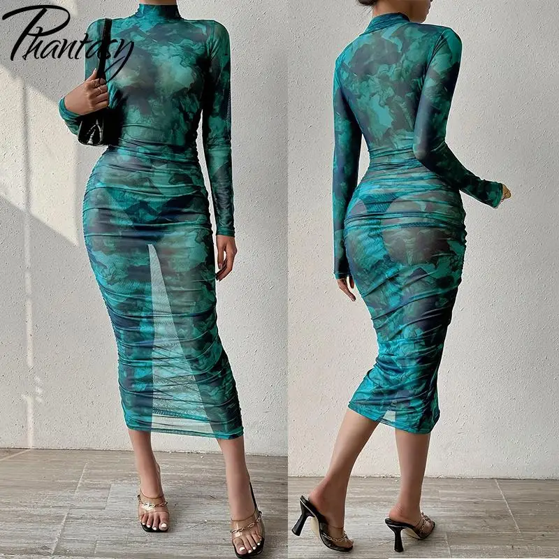 

Phantasy Mesh Sexy Dress for Women Long Sleeved Vintage Dresses Y2K Perspective Streetwear Spring Summer Female Clothing