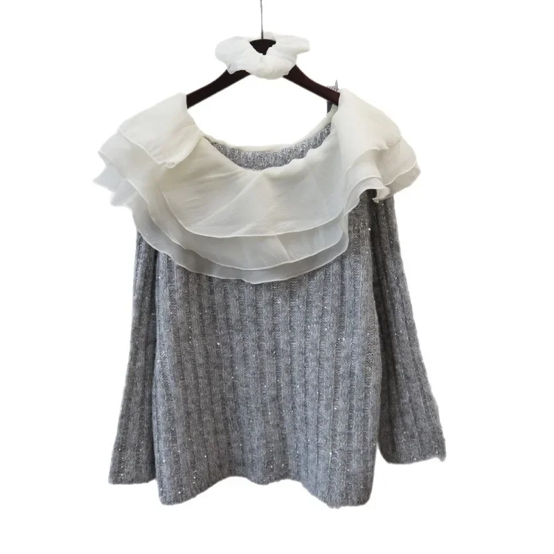 2025 automne/hiver nouveau Style avec corde de tête une épaule à volants haut tricoté paillettes Style doux pull pull fille