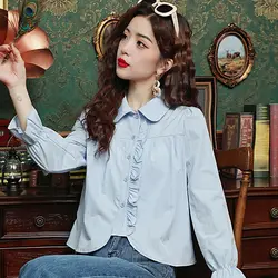 Femme 봄 여름 한국식 심플 버튼 프릴 솔리드 컬러 여성 셔츠 올 매치 패셔너블한 얇은 긴팔 탑
