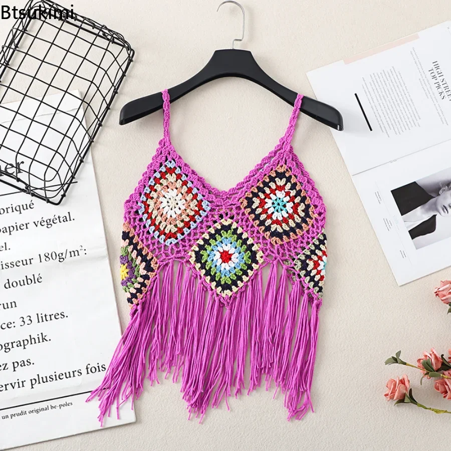 2024 Women\'s Tassel Vest Suspenders Summer Ethnic Style Retro Embroidery Camisole V-neck Travel All-match Knitted Hollow Tops