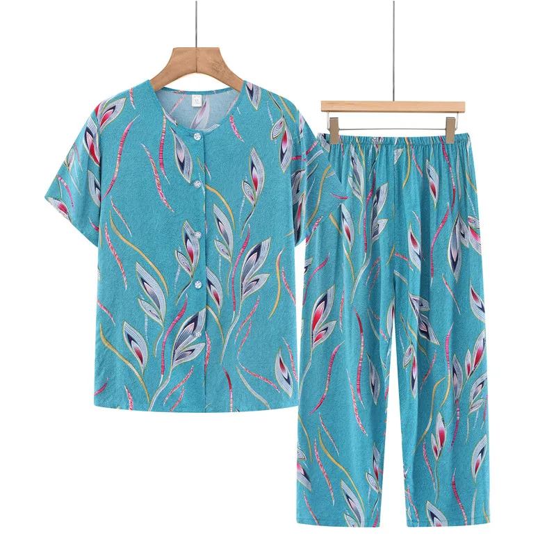 UHYTGF Women\'s Summer Two-Piece Set Printed Cotton Silk Thin Home Clothes Middle-Aged Elderly Loose Big Size Tracksuit Suit 2426