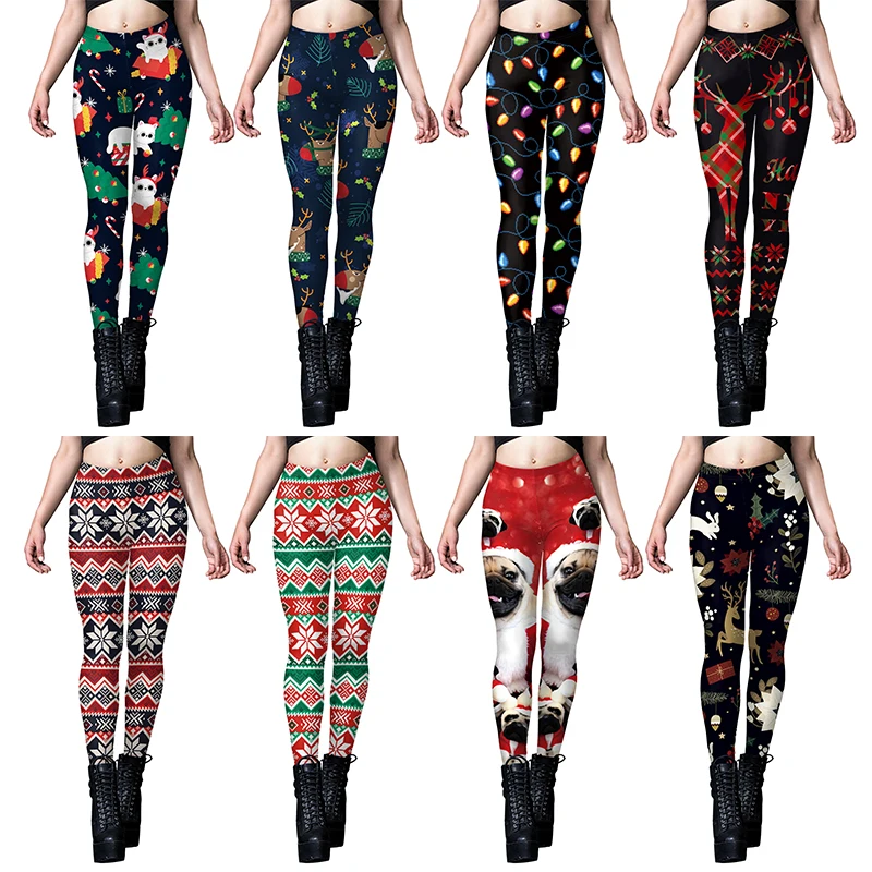

Women's Christmas element printed casual leggings polyester spandex blended elastic waist fleece autumn and winter clothing