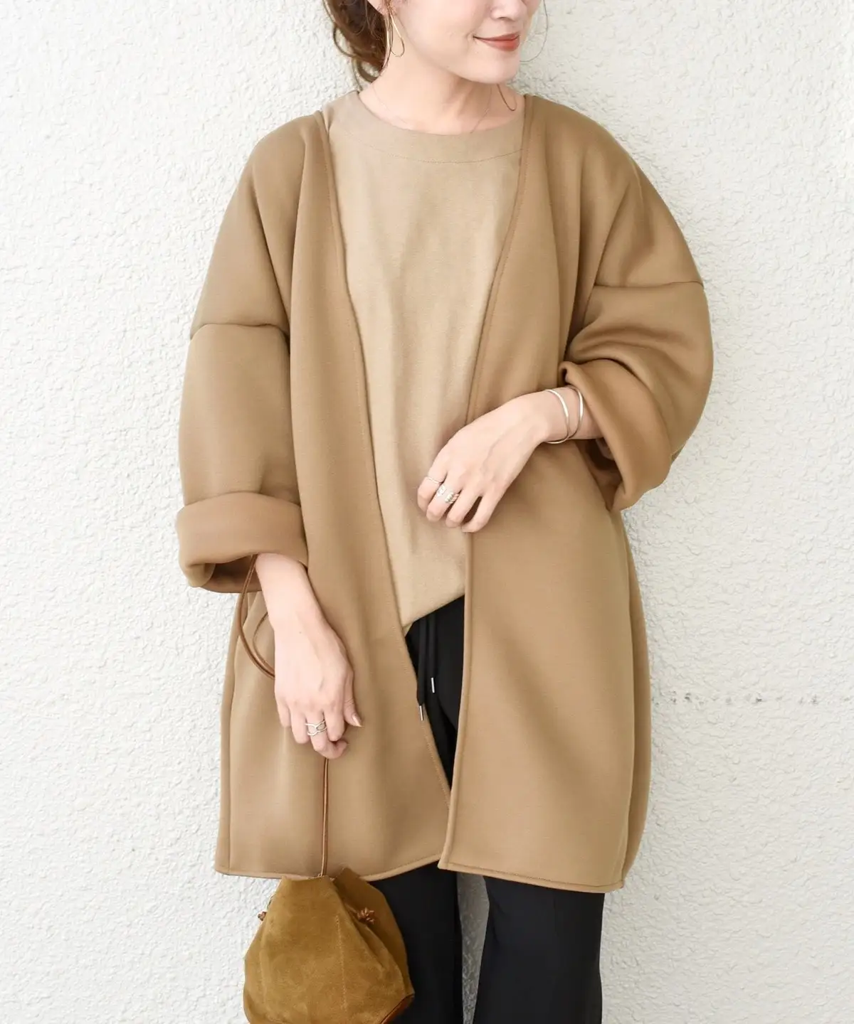 

New 2025 Autumn Women's Cotton Waed Cake Layer Simple Mid-Length Jaet Cardigan Pure Color Straight Cut Long Sve V-Ne