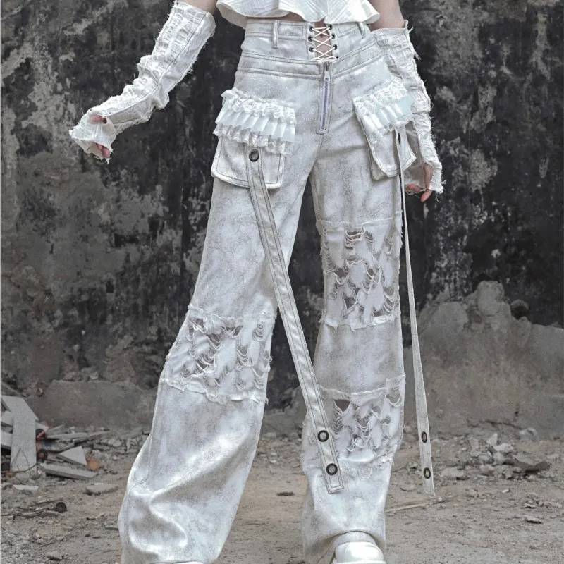 Distressed Suede Lace-up Fake Two-Piece Tooling Straight-Leg Trousers Spring