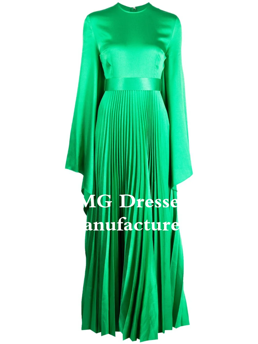 OIMG O-Neck Prom Dresses Long Sleeves Ankle Length A-Line Ruched Silk Satin Elegant Green Evening Gowns Formal Party Dress