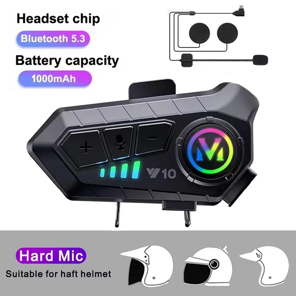 V5.3 Motorradhelm-Headset Bluetooth-Kopfhörer Sprachsteuerung Kabelloses Freisprechsystem Ohrhörer IPx6 1000mAh mit Umgebungslicht