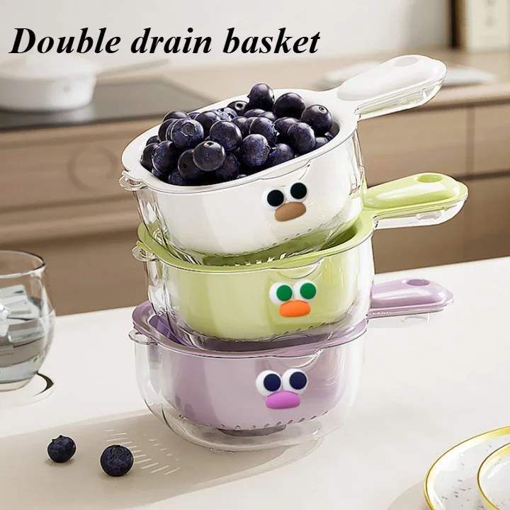 Double drain basket with handle, kitchen fruit washing and vegetable washing artifact, living room fruit basket