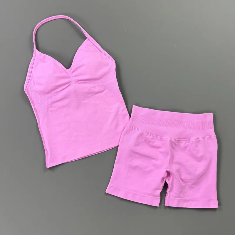 HITELLO Gym-Shorts-Set für Damen, nahtlos, Yoga, Longline-Top mit Trägern, Scrunch-Butt-Workout-Shorts-Set, Fitness, zweiteiliger Sportanzug – Detail 7