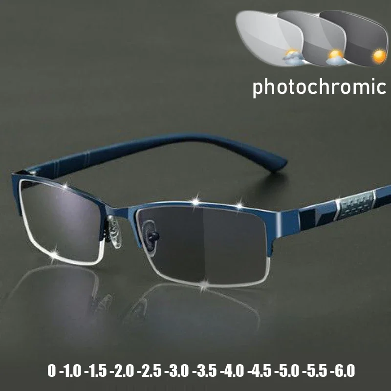 Business Men\'s Photochromic Myopia Glasses Unisex Half Frame Square Near Sight Eyeglasses Optical Prescription Minus Eyewear