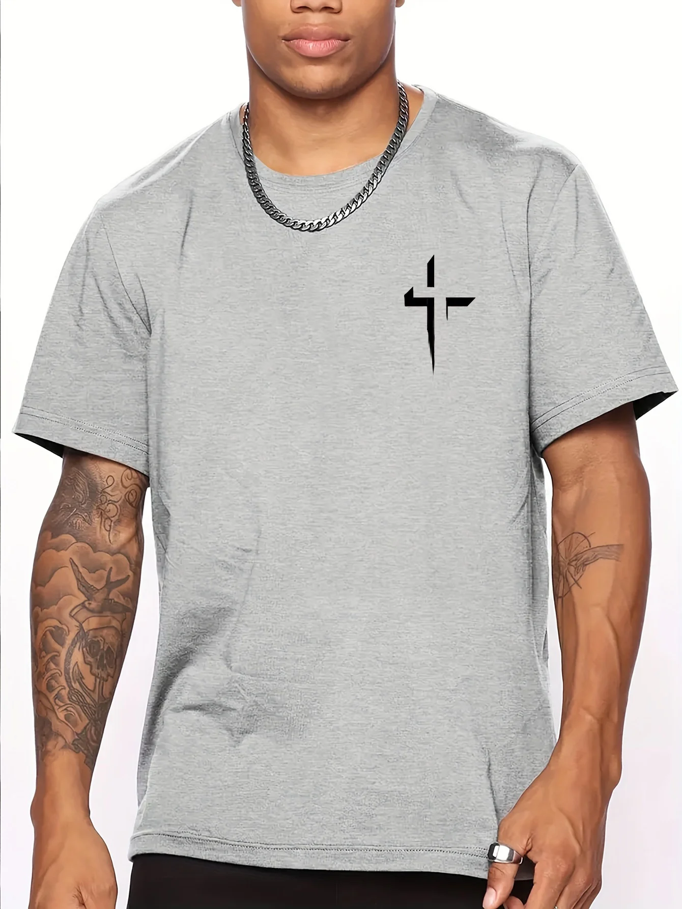 夏のメンズ綿 100% カジュアルルーズ大クロス信仰プリントスポーツ快適なラウンドネック半袖 Tシャツトップ