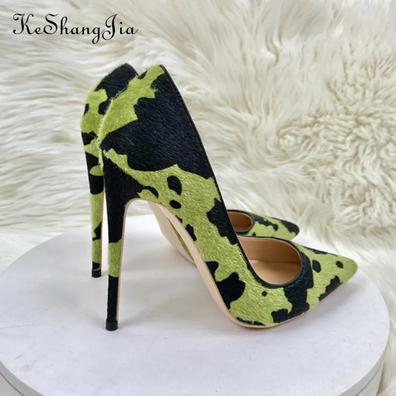 KeShangJia Zebra stripes Pattern Women Green Pointy Toe High Heel Shoes Unique Design Sexy Slip On Stiletto Pumps