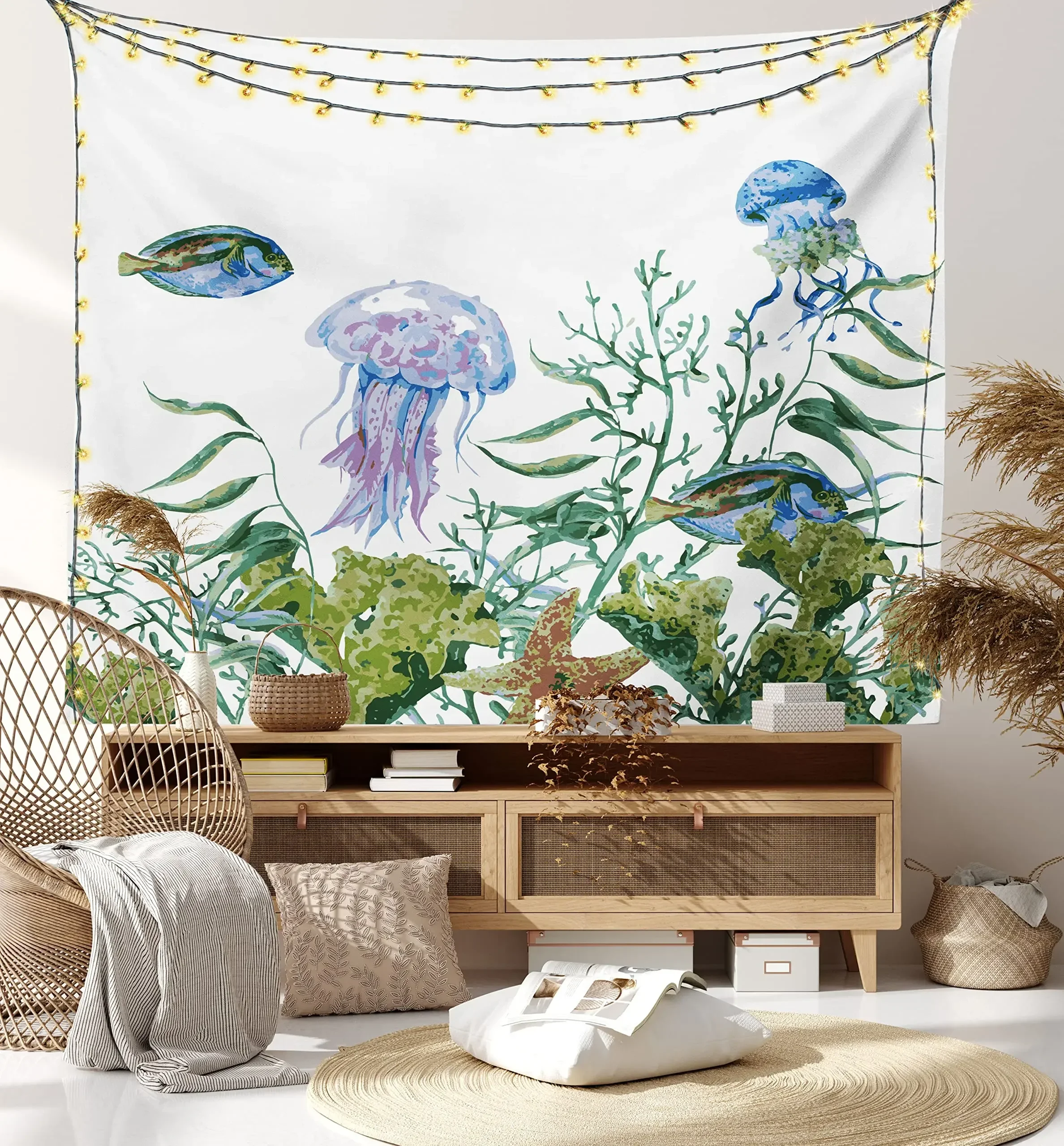 Jellyfish Tapestry Psychedelic Blue Ocean Animals Fishes Trippy Wall Hanging Tapestry Home Decor for Bedroom Living Room Dorm